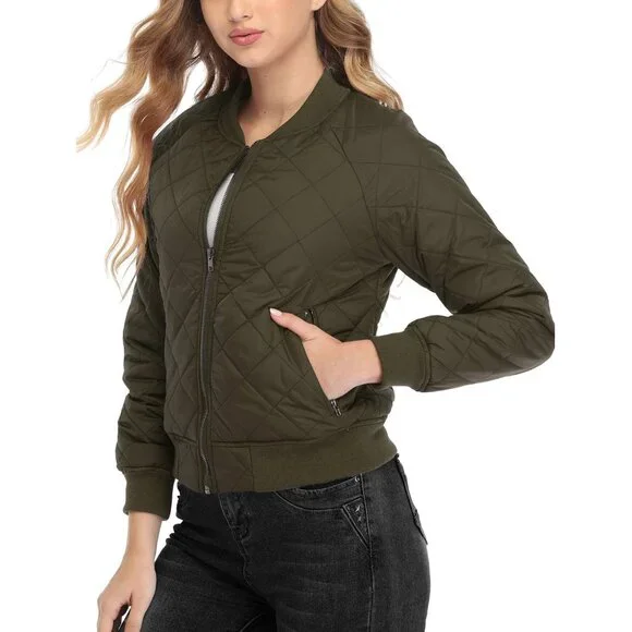 Women´s Lightweight Quilted Bomber Jacket in Green - Stylish Warmth with Pockets Jackets & Coats